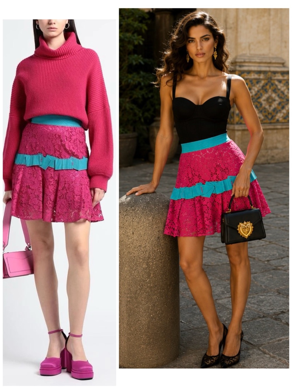 NWT Dolce & Gabbana Fuchsia/ Turquoise Lace Mini Skirt  IT 44 Deconstructed Luxe